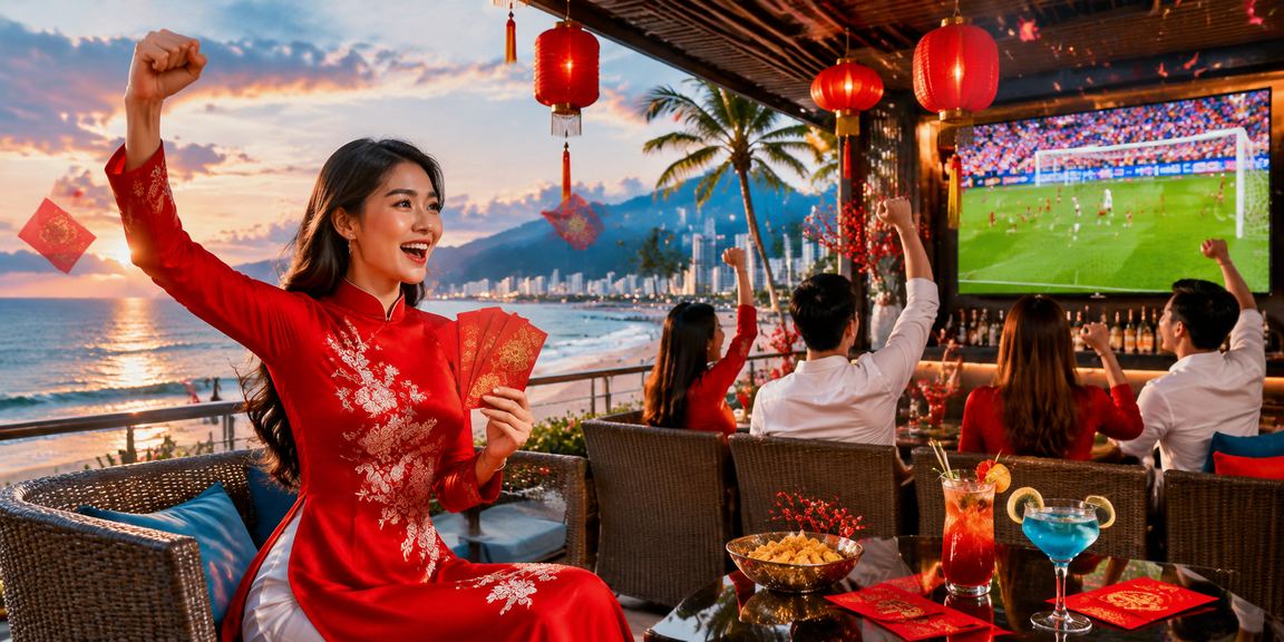 Phụ nữ áo dài Nha Trang cầm phong bao đỏ mừng thưởng xổ số dịp Tết